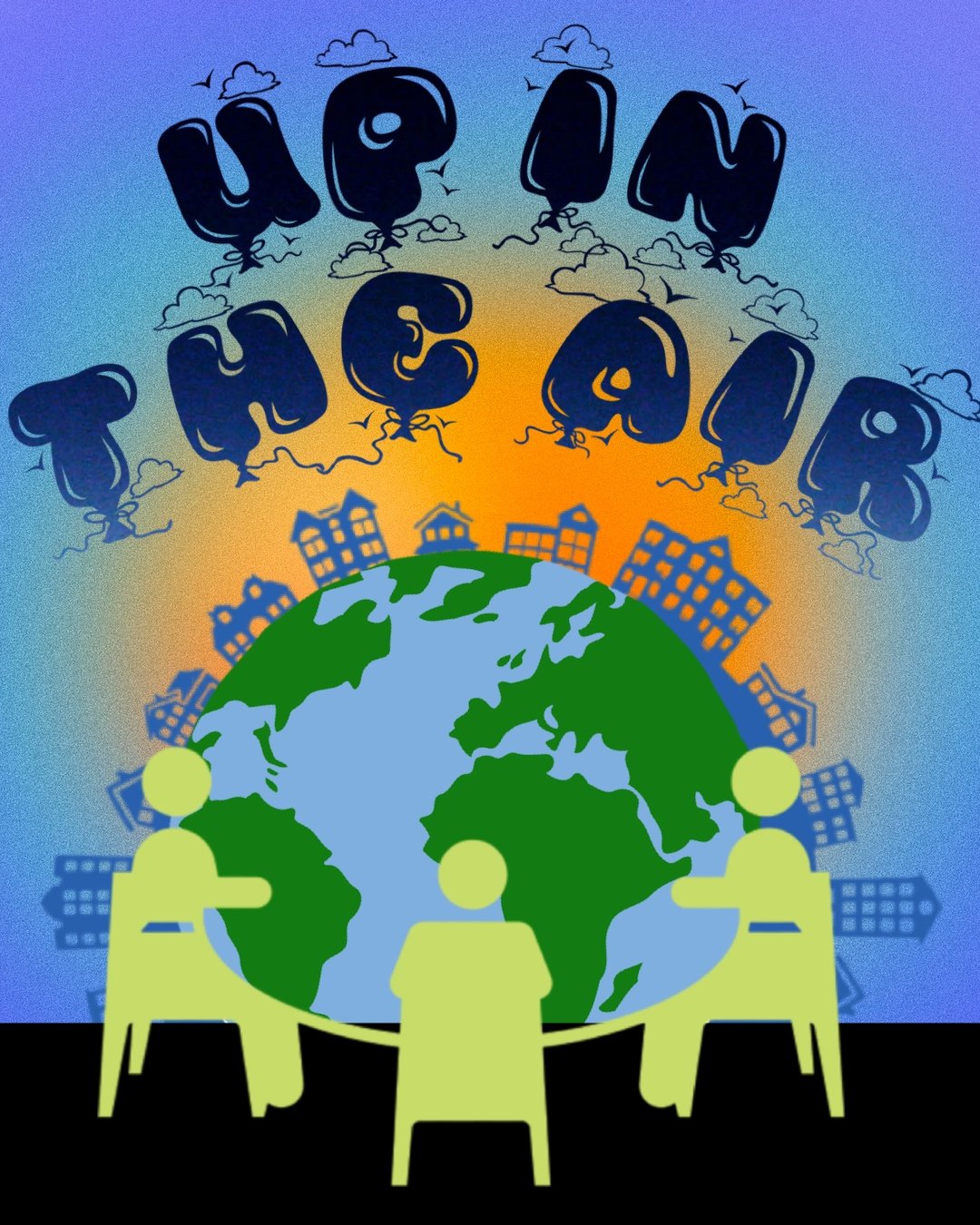Up in the Air podcast logo - balloon letters, globe and cityscape, stylized figures